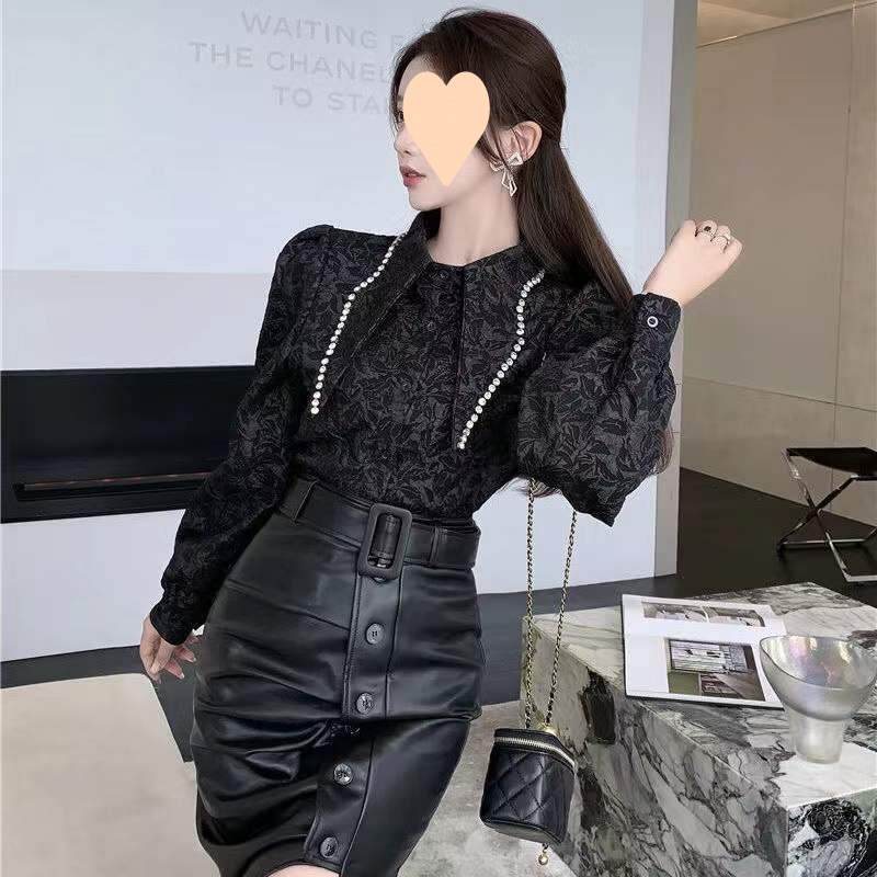 韓国版の女性用ニッチな大きなポインテッドカラーシャツ、スリムでセレブなダークパターンのジャカードダイヤモンドボトム長袖トップシャツ|undefined