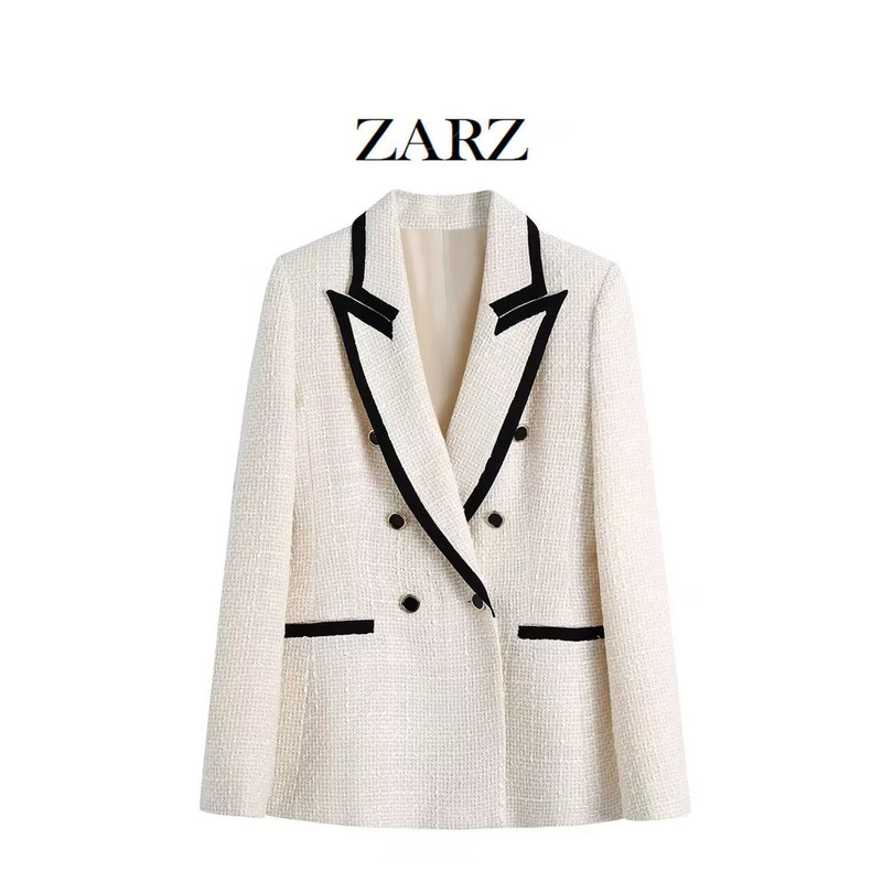 ZARZ Homemade European and American Style New Women's All-match Western Style Fashionable White Contrast Trim Slub Jacket