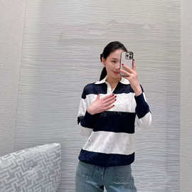 南油高端女装 26新款D家宽条纹翻领提花时尚撞色针织衫长袖上衣