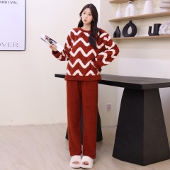 秋冬季加绒加厚珊瑚绒睡衣女甜美男女款休闲家居服套装白波浪条纹