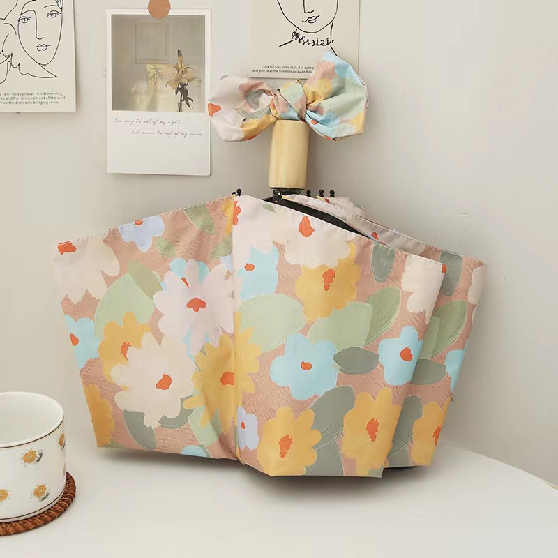 Japanese Style Three-fold Small Fresh Automatic Umbrella Small Daisy Bow Black Plastic Sunscreen Umbrella With Printed Advertising Umbrella