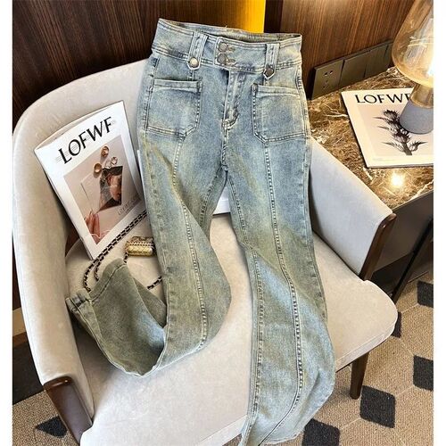 Lady's High-Waist Flared Denim Jeans with Spring Hong Kong Style Design, Slimming and Floor-Length Bell Bottom Pants for Trendy Women