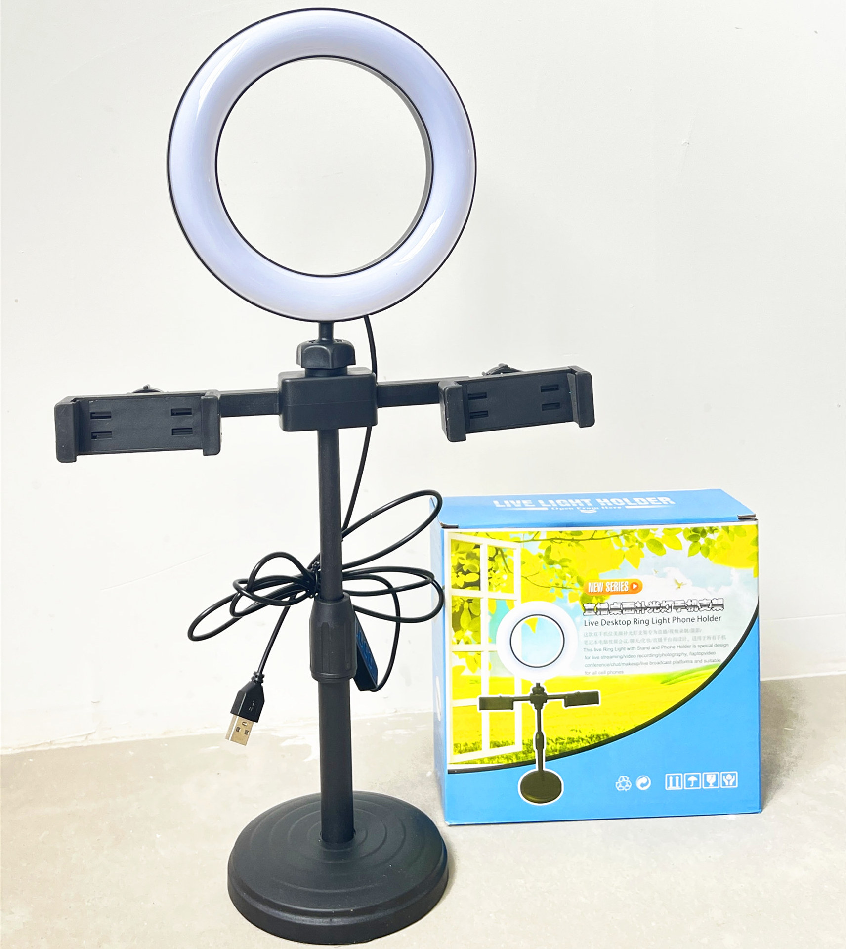 Factory Direct Supply 6-inch 16CM Three-Color Beauty Ring Light Dual Phone Live Streaming Computer Host Desktop Circular Stand