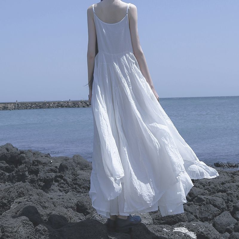 New Chinese Style Retro Literary and Artistic Fresh Black and White Ultra-Long Irregular Large Hem Strap Dress Summer New Model New Chinese Style Retro Literary and Artistic Fresh Black and White Ultra-Long Irregular Large Hem Strap Dress Summer New Model