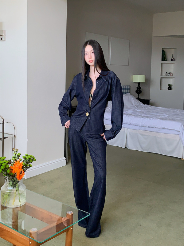 Denim Blue Drop-Shoulder Silhouette with Drape, Waist-Cinching Metal Buckle Long-Sleeve Shirt + Pants