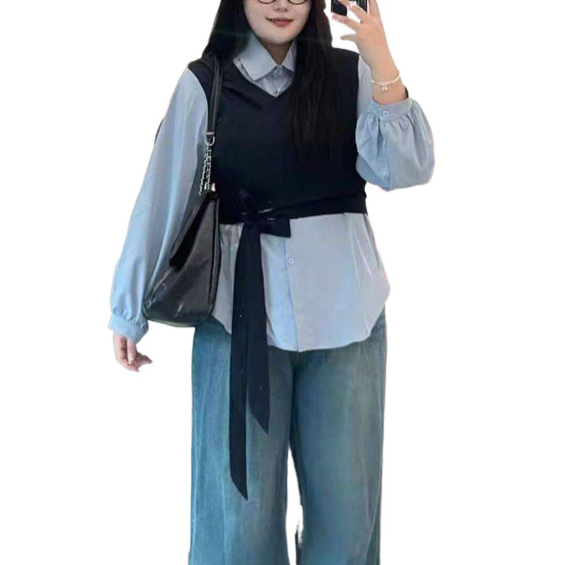 大码女装胖mm慵懒风假两件绑带马甲衬衫2025秋季新款时尚显瘦上衣|undefined