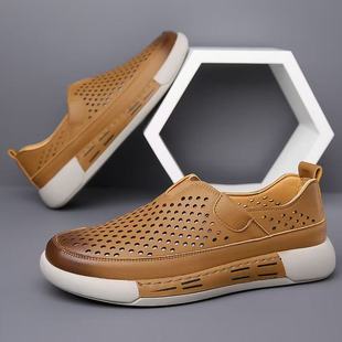 Slip-on Hollow Men's Shoes Summer Cross-border Casual British Shoes Trendy All-match Breathable Men's Hole Shoes Leather Sandals