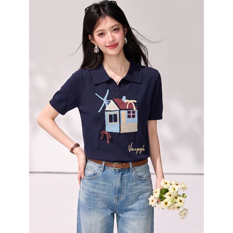 Van Gogh Artistic Sugar House Summer New Sweet Collar Jacquard Short Knit Sweater for Women in Navy Blue Van Gogh Artistic Sugar House Summer New Sweet Collar Jacquard Short Knit Sweater for Women in Navy Blue