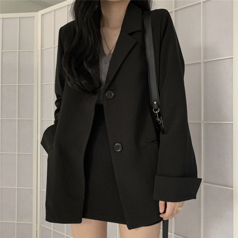黑色西装女秋冬薄款宽松中长款简约西服外套开衫跨境女装外贸批发