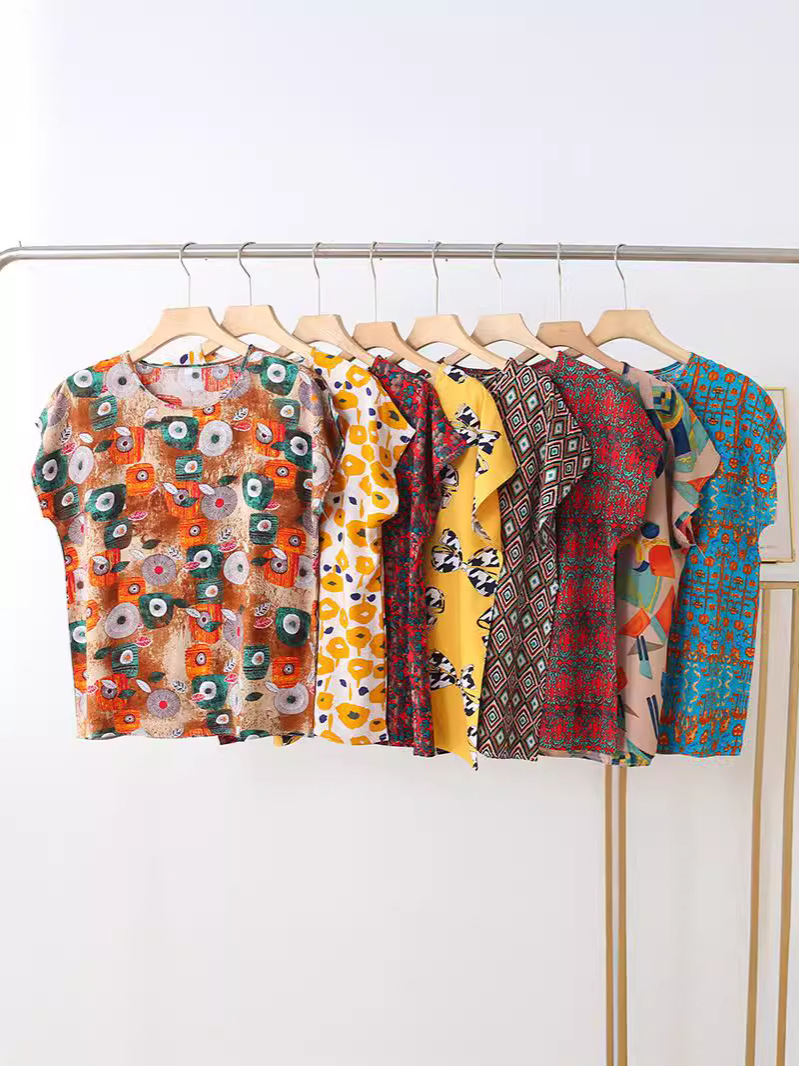 Summer cotton silk printed top women's thin loose slimming short sleeve artificial cotton outer wear round neck T-shirt