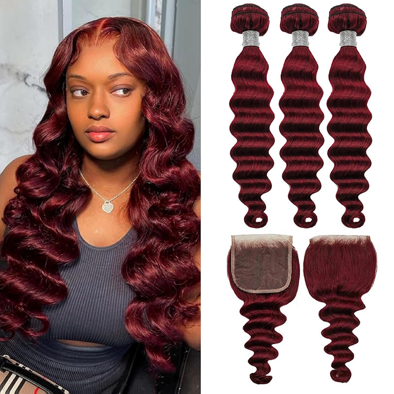 Cross-border Real Hair Xuchang Wig wine red Hair Curtain 99j loose deep wave human hair