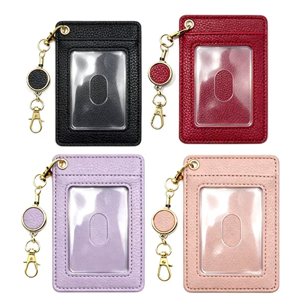 Retractable ID card holder with easy-pull buckle and lanyard, Japanese-style PU fashion leather case for women