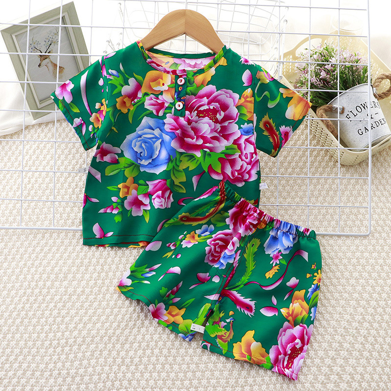 New Chinese style cotton and silk children's loungewear set, popular Northeast floral print, summer two-piece sleepwear set for boys and girls, air-conditioned clothing.
