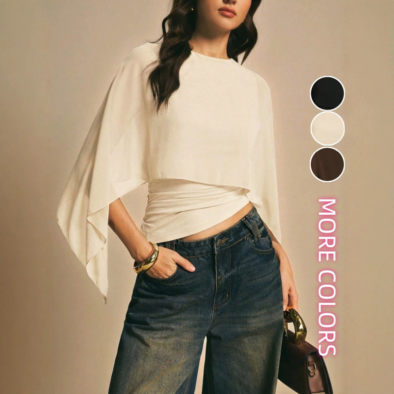 Chiffon cape sleeve top for women, round neck, loose-fitting, slim-fit, faux two-piece, irregular hem, bohemian style Chiffon cape sleeve top for women, round neck, loose-fitting, slim-fit, faux two-piece, irregular hem, bohemian style