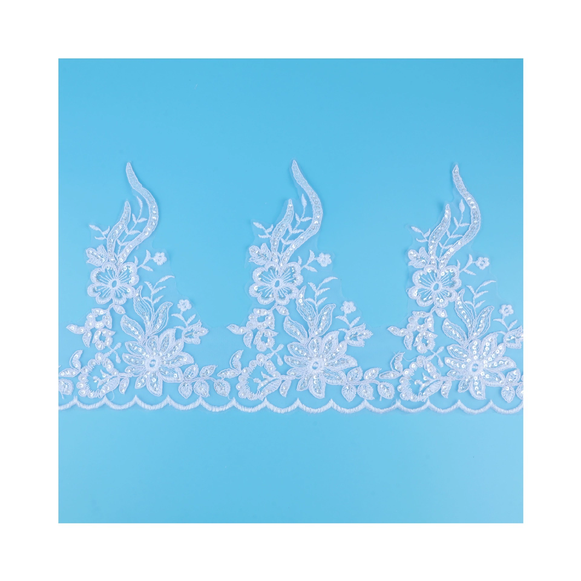 Lace sequin trim applique, bridal accessory, 26 см width, bleached/crystal or white transparent
