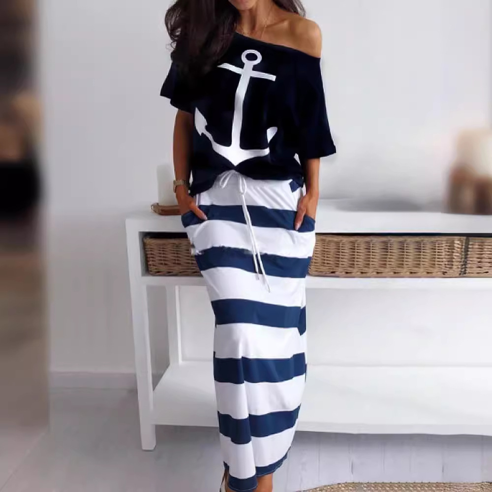 跨境速卖通亚马逊eBay爆款海军风休闲船锚印花短袖T恤+半身裙套装