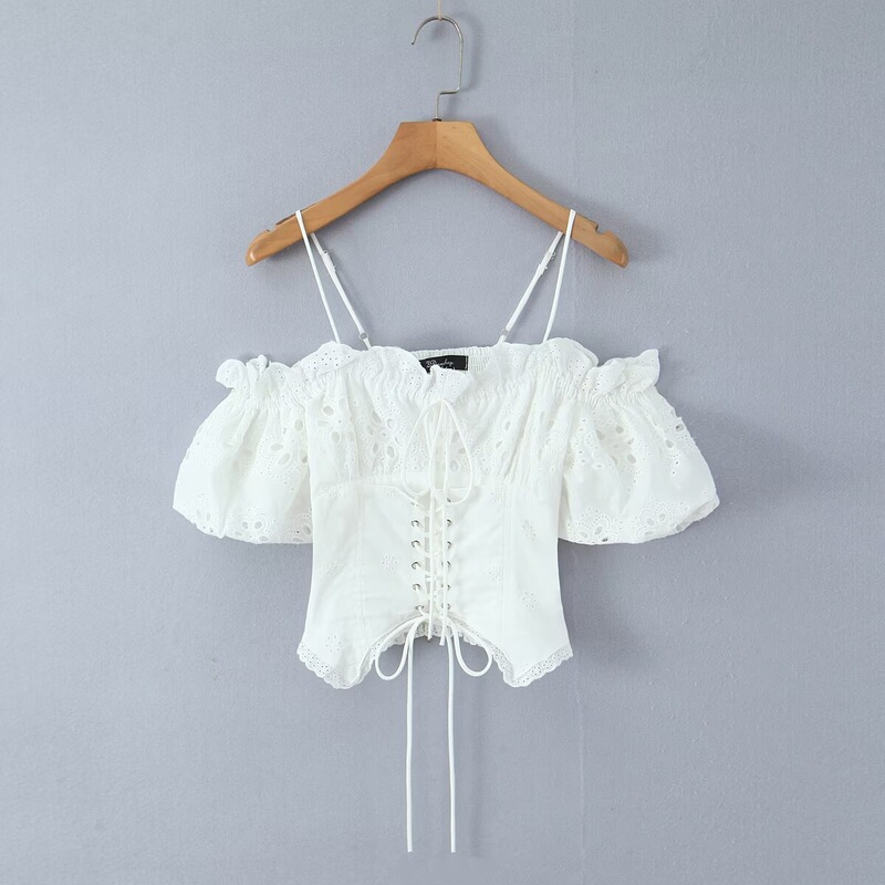 European and American 2025 Winter New French Sweet Retro Hollow Embroidery Off-Shoulder Lantern Sleeve Waist-Cinching Slimming Top European and American 2025 Winter New French Sweet Retro Hollow Embroidery Off-Shoulder Lantern Sleeve Waist-Cinching Slimming Top