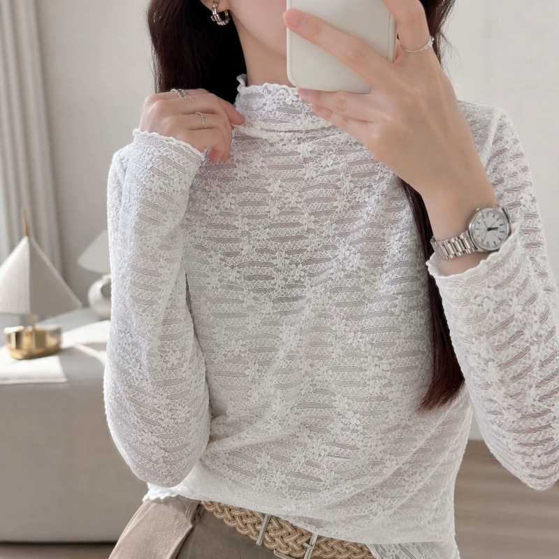 Early autumn hollow-out jacquard lace base shirt for women, with ruffled edges, semi-high collar, slim fit, mesh long-sleeve inner top, available in multiple colors