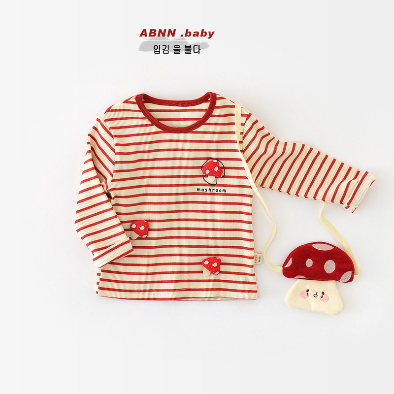 Children's Long-sleeved T-shirt 2024 Autumn New Girls Striped Mushroom Knitted Base Shirt Baby Girl Top 93506