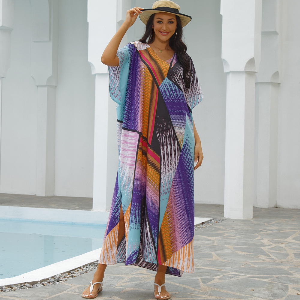 Blusa de playa colorido flor bloque de impresión vacaciones traje suelto bikini ropa de protección solar transfronteriza 5D27