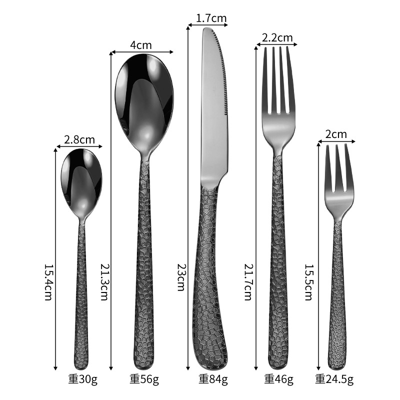 Escala de acero inoxidable estilo europeo occidental vajilla cuchillo, tenedor y cuchara patrón de martillo chapado en oro engrosado cuchillo de carne postre tenedor cuchara conjunto de cinco piezas