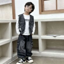 男童春秋季套装2026新款儿童牛仔无袖马甲多袋中大童扎脚三件套装