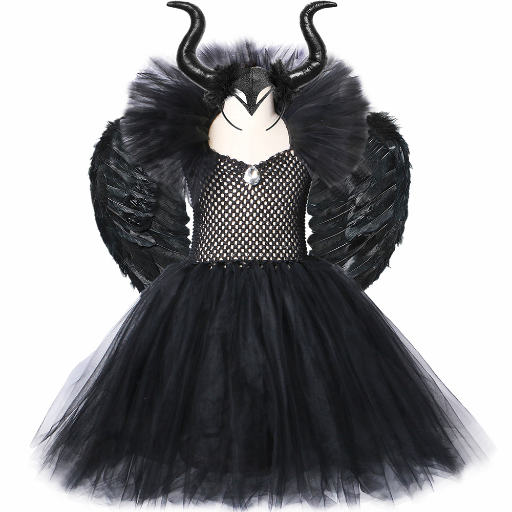 Ropa para niñas, vestido de bruja, traje de fiesta de Halloween para niños, disfraz de Maléfica, vestido femenino, falda de malla_voghion.com