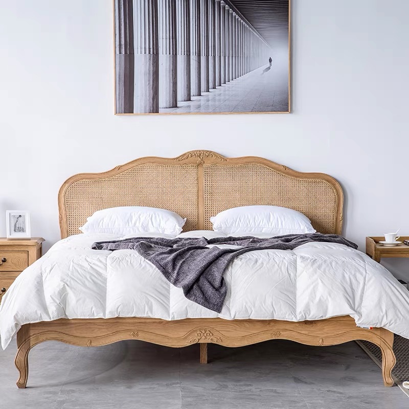 American-Style Carved Bedside Rattan Solid Wood Bed for Bedroom Home Wabi-Sabi Style Guesthouse 1.8m Ash Wood Double Bed
