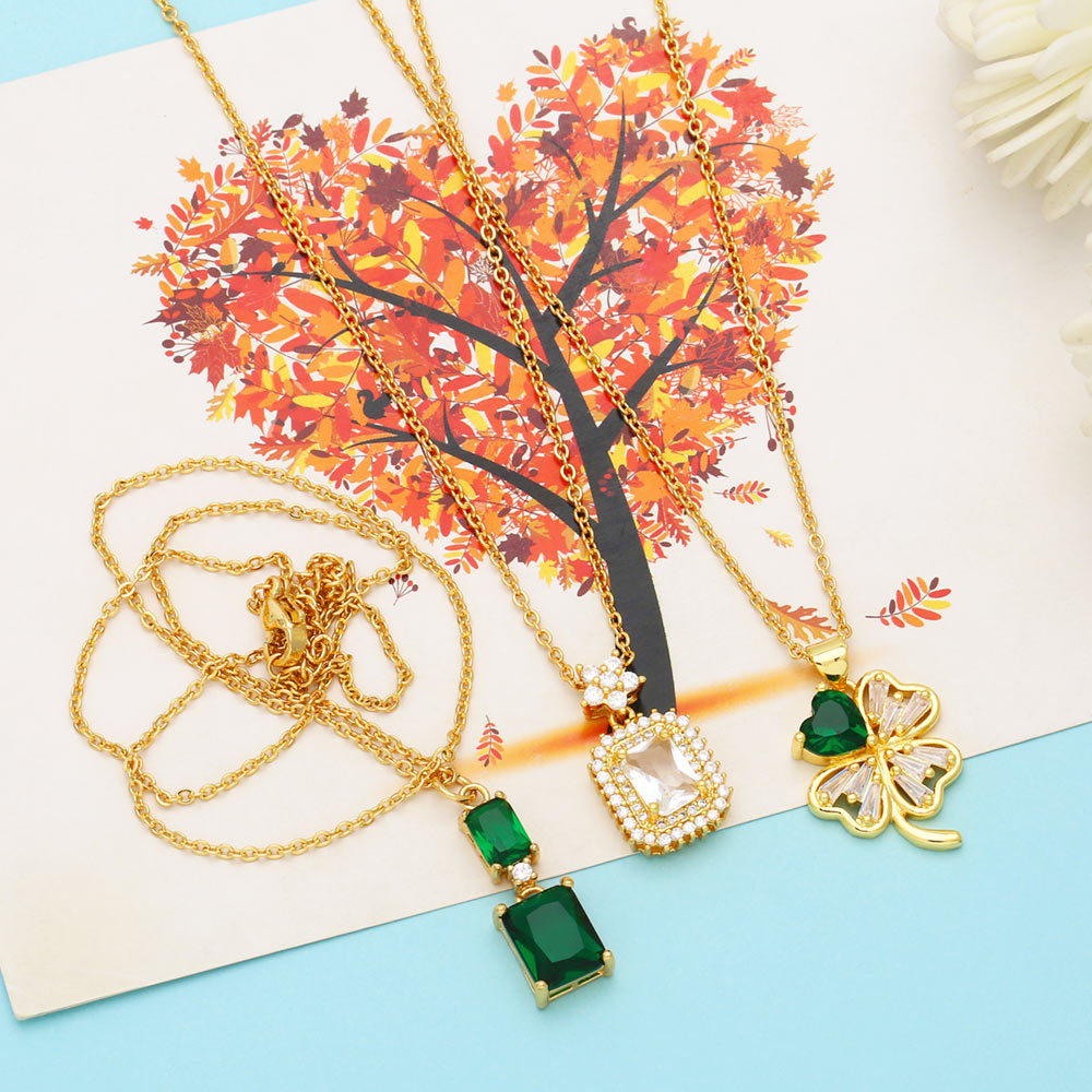 Fashion Four Leaf Clover Square Copper Plating Inlay Zircon Pendant Necklace 1 Piece