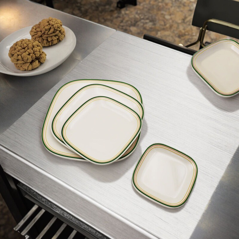 Household Durable Melamine Tableware Set Green Line Pattern Plate, Suitable for Various Scenes Plastic Material,