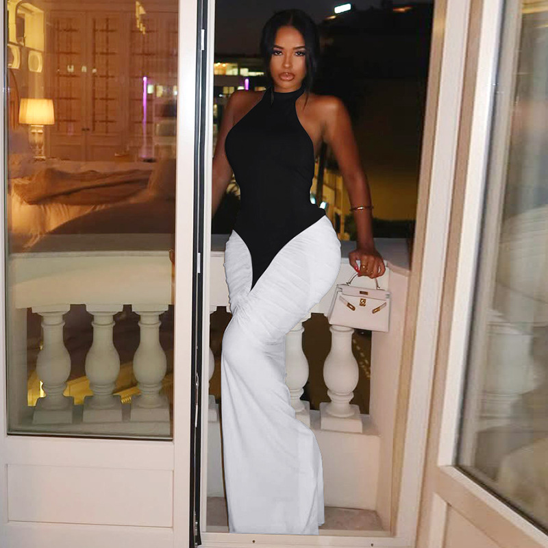 GraceChic European And American Fashion Cross-Border New Sexy Backless Halter Neck Patchwork Color-Block Long Bodycon Dress_voghion.com