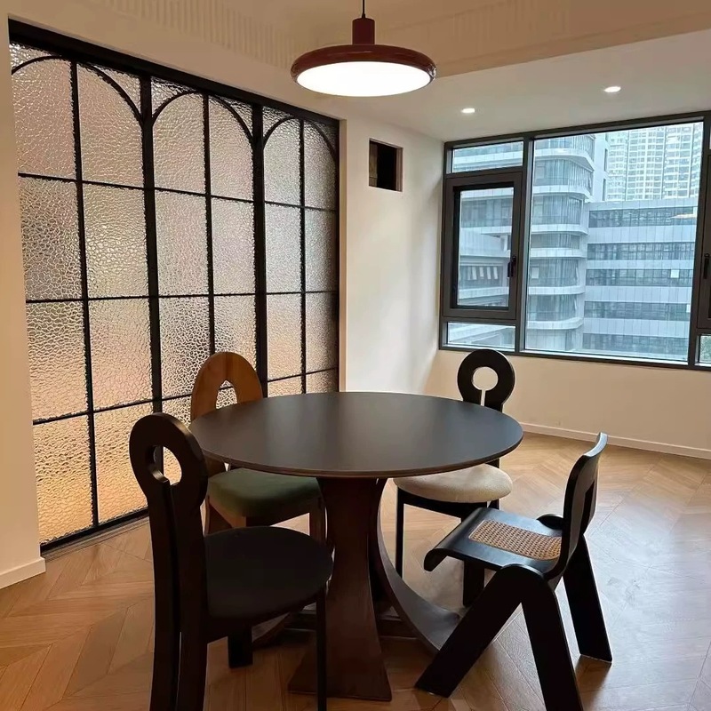 中古风实木圆形餐桌家用小户型设计师圆形饭桌胡桃色带岩板圆桌|undefined