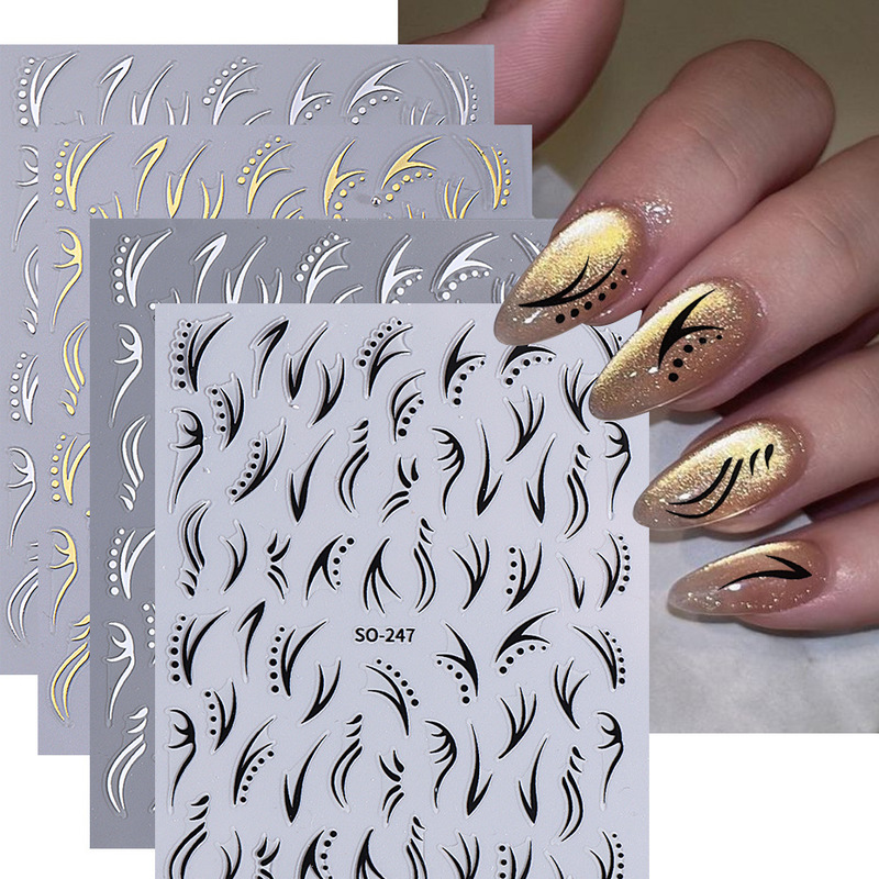 Cross-border Hot Nail Art Stickers Simple Black and White Gold and Silver Ins Abstract Line Dot Flower Leaf Adhesive Nail Sticker
