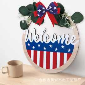 跨境热卖独立日主题木质欢迎花环门牌国旗配色蝴蝶结尤加利叶装饰