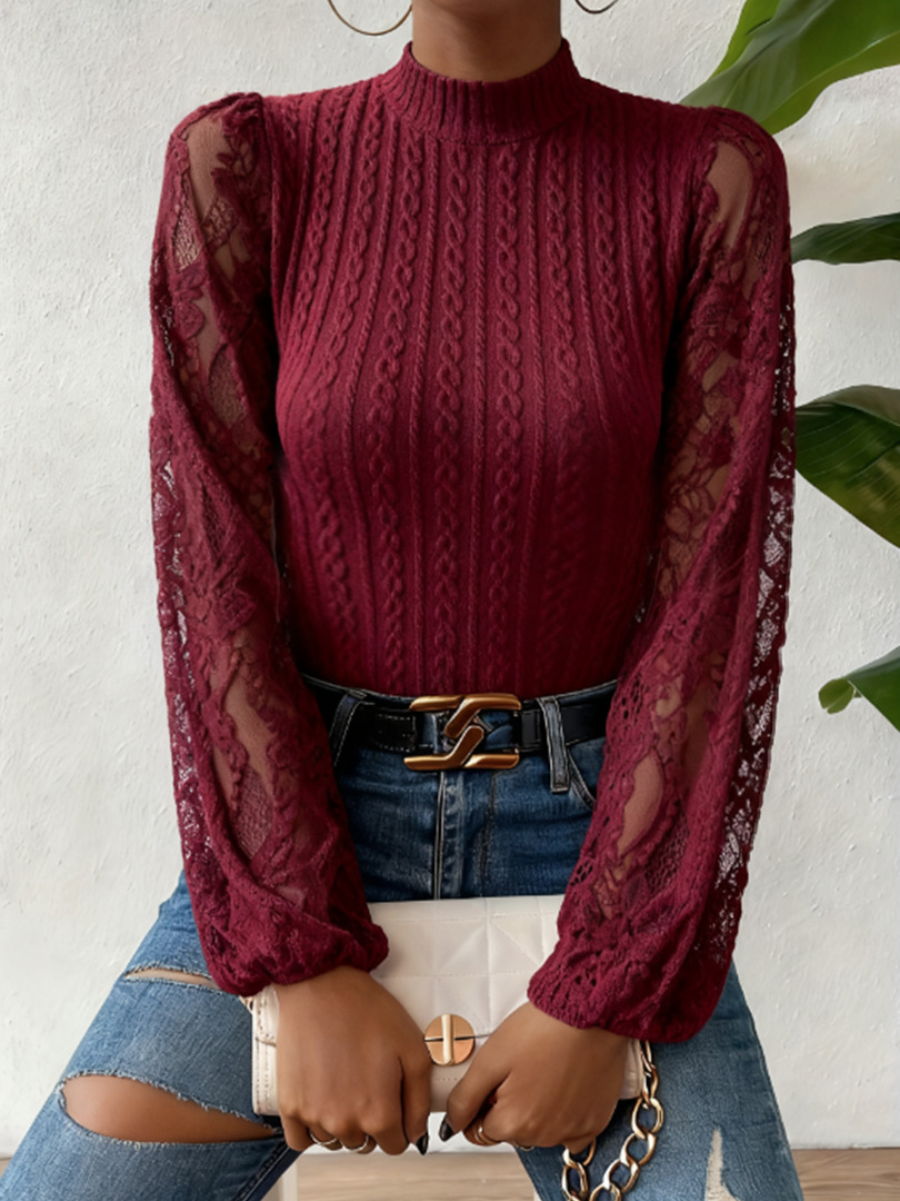 Body de manga larga con encaje para mujer mono elegante_voghion.com