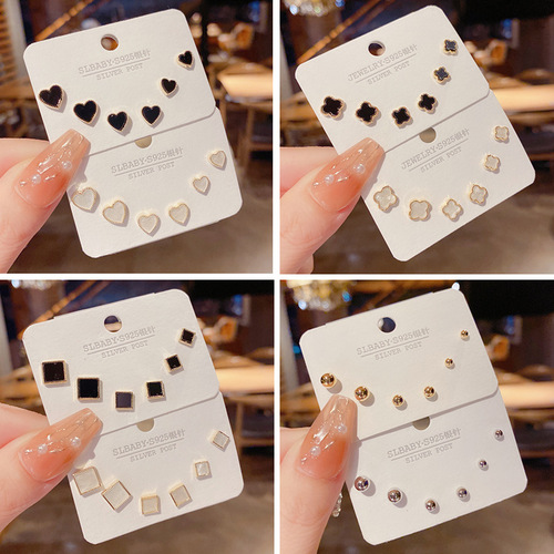 s925 silver needle Korean temperament sweet and fashionable new mini simple graphic three-piece set earrings earrings