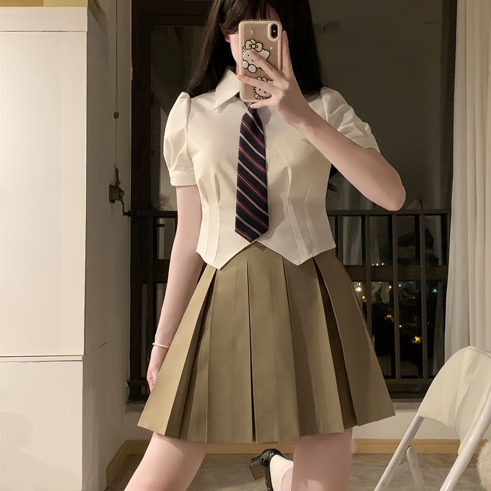 재고 도매 JK 원래 디자인 순수 바람 숙녀 허리 흰색 셔츠 버블 슬리브 슬림 짧은 소매 셔츠