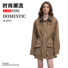 跨境新款美式复古鹿皮外套夹克气质复古开衫皮衣机车服上衣批发