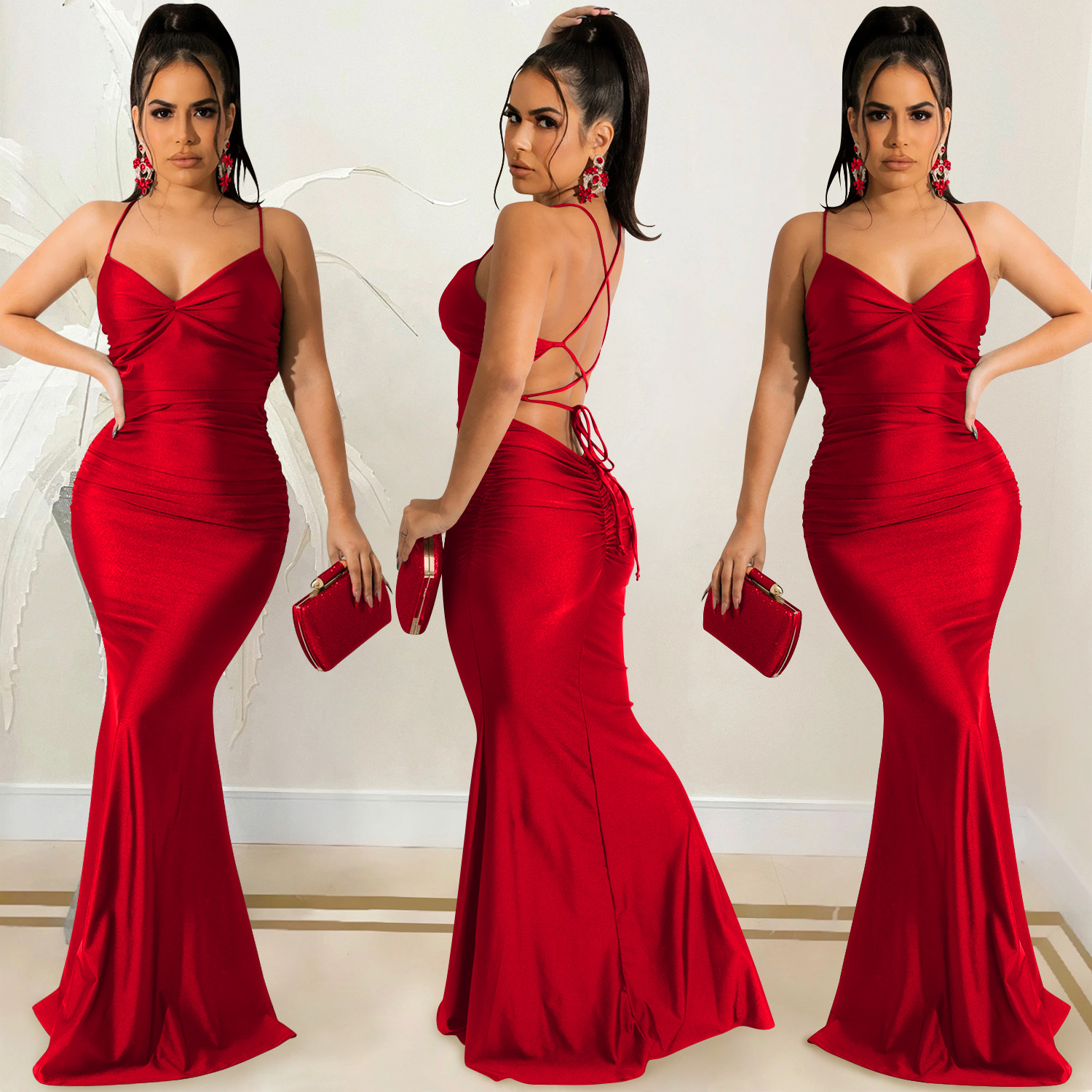 Pleated Solid Color Sling Wrap Chest Backless Lace-Up Prom Dress NSXYZ113785