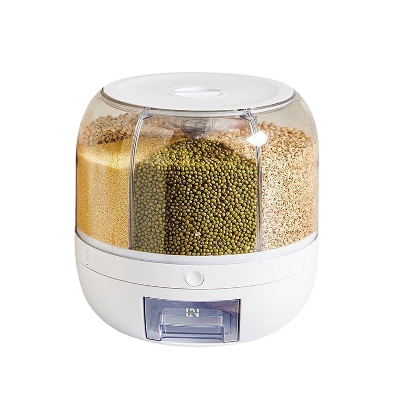 Cubo de arroz para el hogar, cubo giratorio dividido para granos, caja de almacenamiento con múltiples rejillas, caja de almacenamiento de arroz sellada a prueba de insectos y humedad, tanque de arroz de plástico