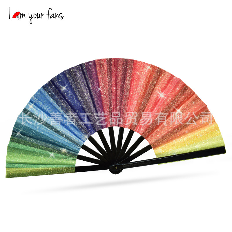 En stock 33cm Kung Fu ventilador sonido ventilador plástico hueso Arco Iris brillo Kung Fu ventilador plegable
