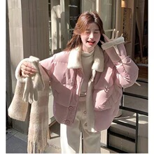 韩系奶蓝色羊羔毛拼接短款棉服女冬加厚保暖棉衣宽松显瘦外套上衣