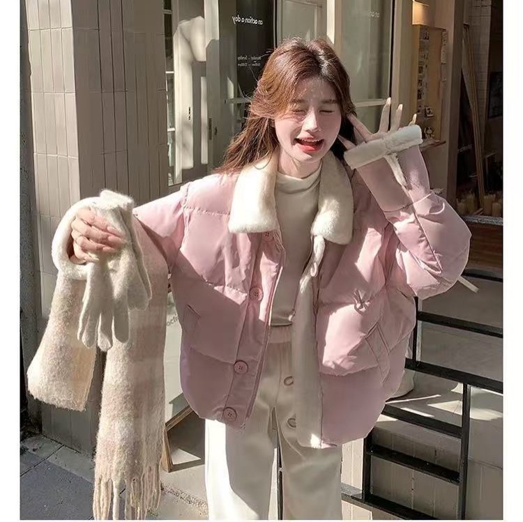 韩系奶蓝色羊羔毛拼接短款棉服女冬加厚保暖棉衣宽松显瘦外套上衣