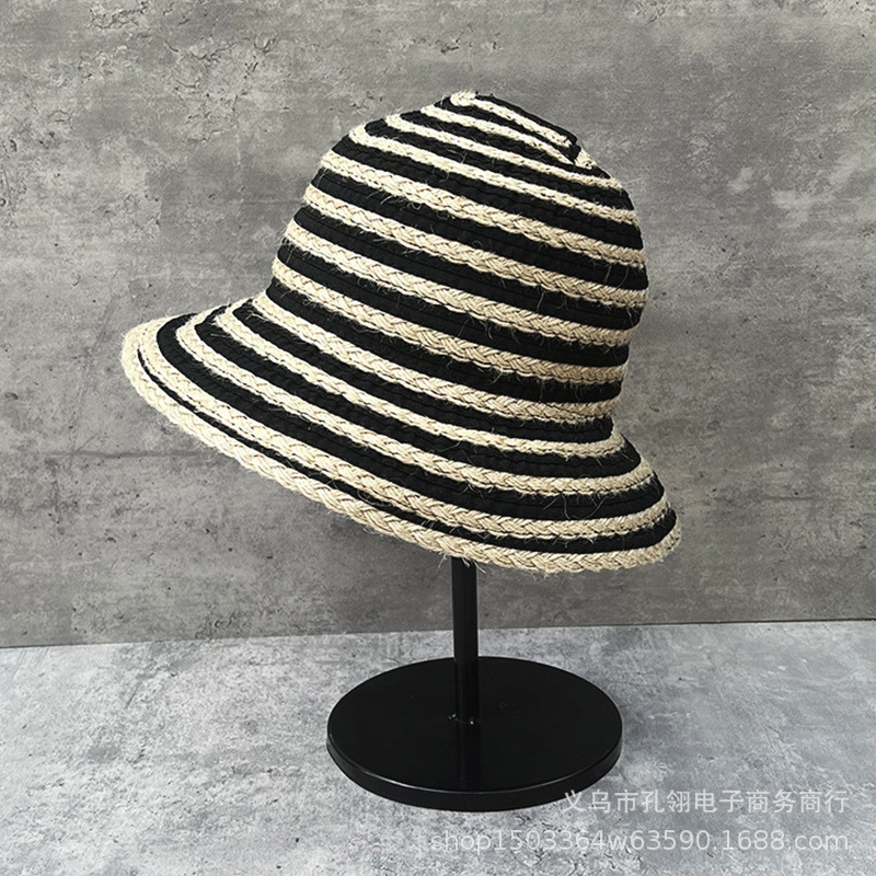 复古条纹草编水桶帽女夏季新款沙滩度假防晒遮阳帽时尚气质渔夫帽|undefined