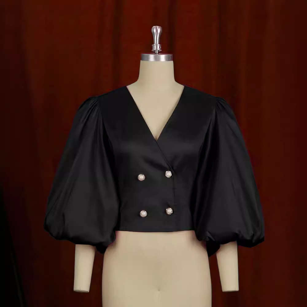 Am211114v collar linterna manga botón cardigan slim fit corto partido mujeres camisa superior Tops