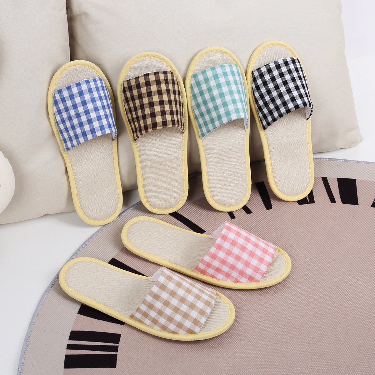 夏季新款酒店一次性拖鞋批发宾馆名宿会所居家待客花格子拖鞋厂家