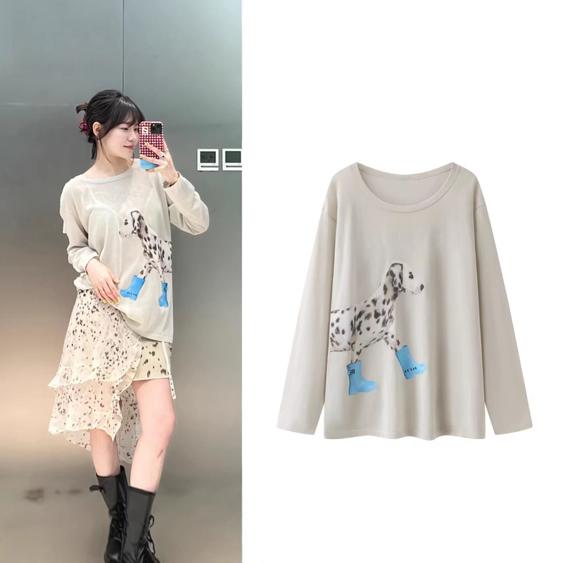 In-Stock 2026 New Model Xixiu Loose-Fitting Dalmatian Print Long-Sleeve T-Shirt Knitwear Rk10601270 In-Stock 2026 New Model Xixiu Loose-Fitting Dalmatian Print Long-Sleeve T-Shirt Knitwear Rk10601270