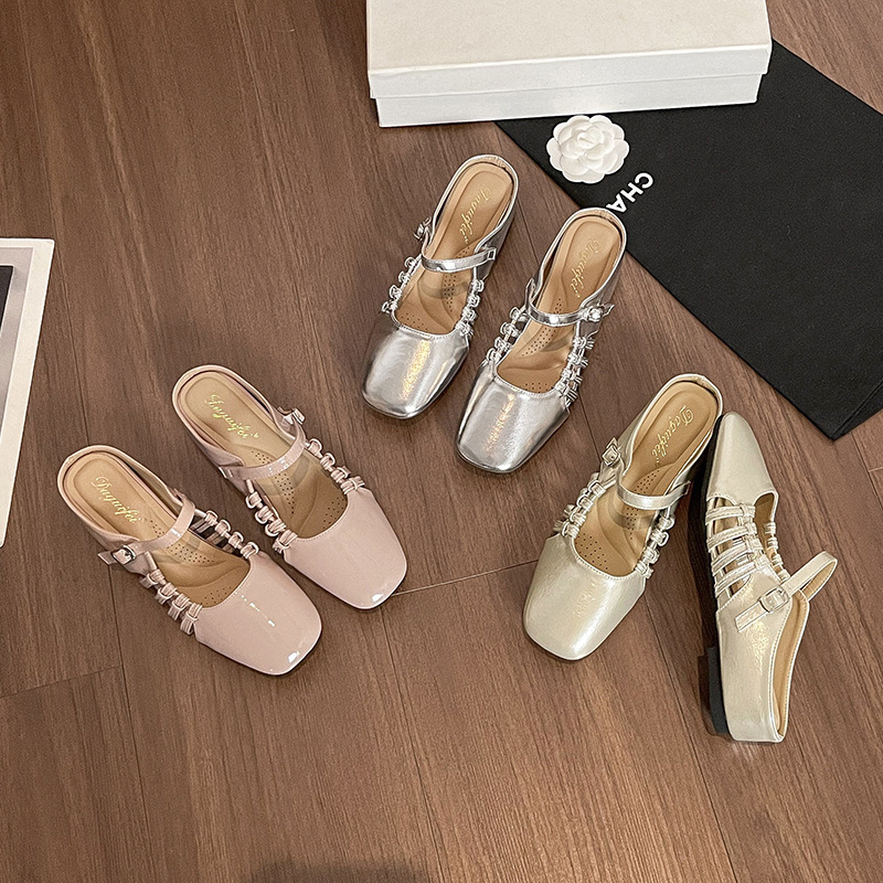 French-style square-toed woven Mary Jane slip-on mules for women, soft-soled, breathable, suitable for outdoor wear, versatile and casual