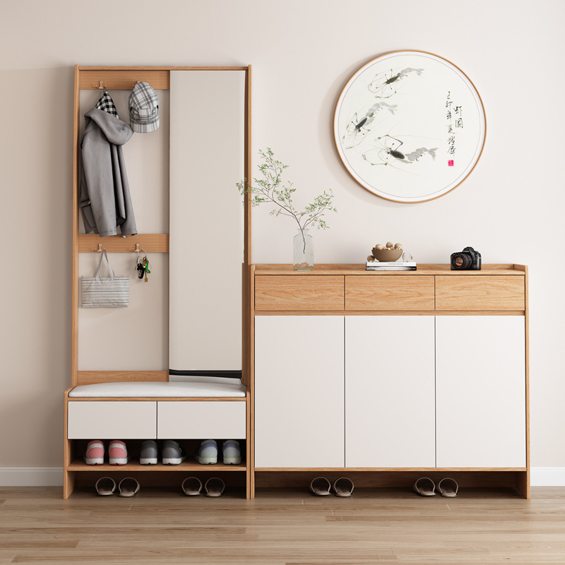 가정용 출입구를 위한 북유럽 단단한 나무 신발장, 간단하고 현대적인 출입구 복도, 옷 거울이 있는 새로운 대용량 현관 캐비닛