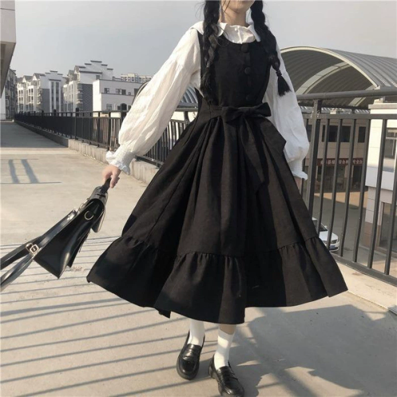 Костюм-платье для женщин, весенне-летний корейский стиль, свободная рубашка для похудения, свежая рубашка в консервативном стиле + юбка средней длины на подтяжках